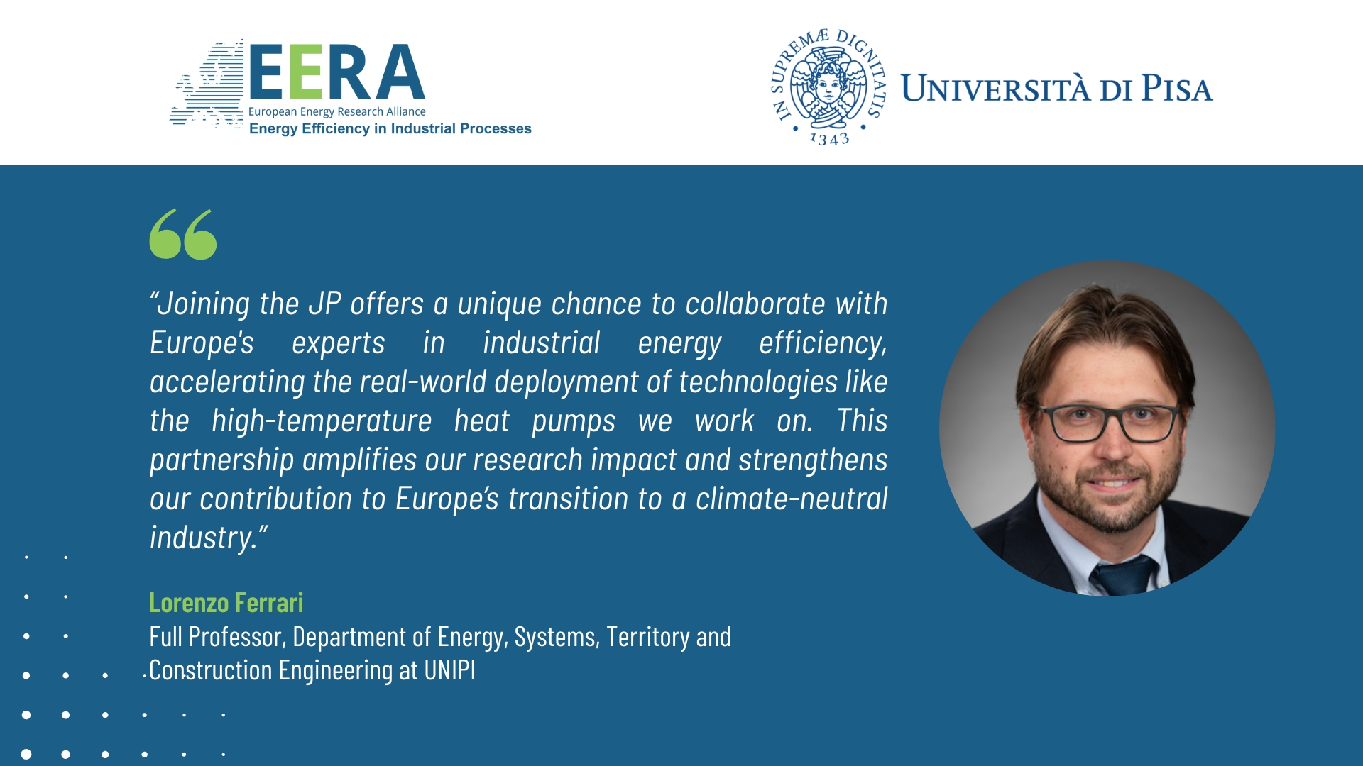 EERA Joint Programme Energy Efficiency in Industrial Processes welcomes its newest member from Italy